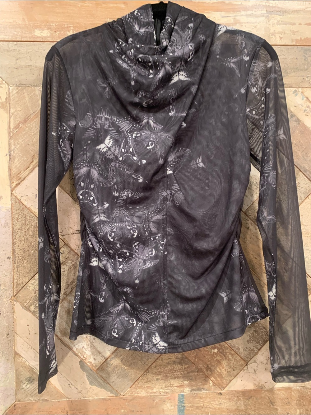 All Saints sheer mesh long sleeve top. Charcoal butterfly print. Cowl neck.